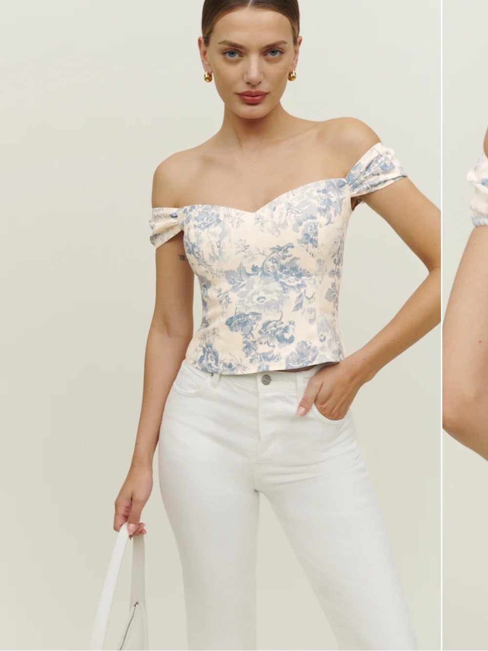 Reformation Eden Off-Shoulder Top in Cream and Blue Floral